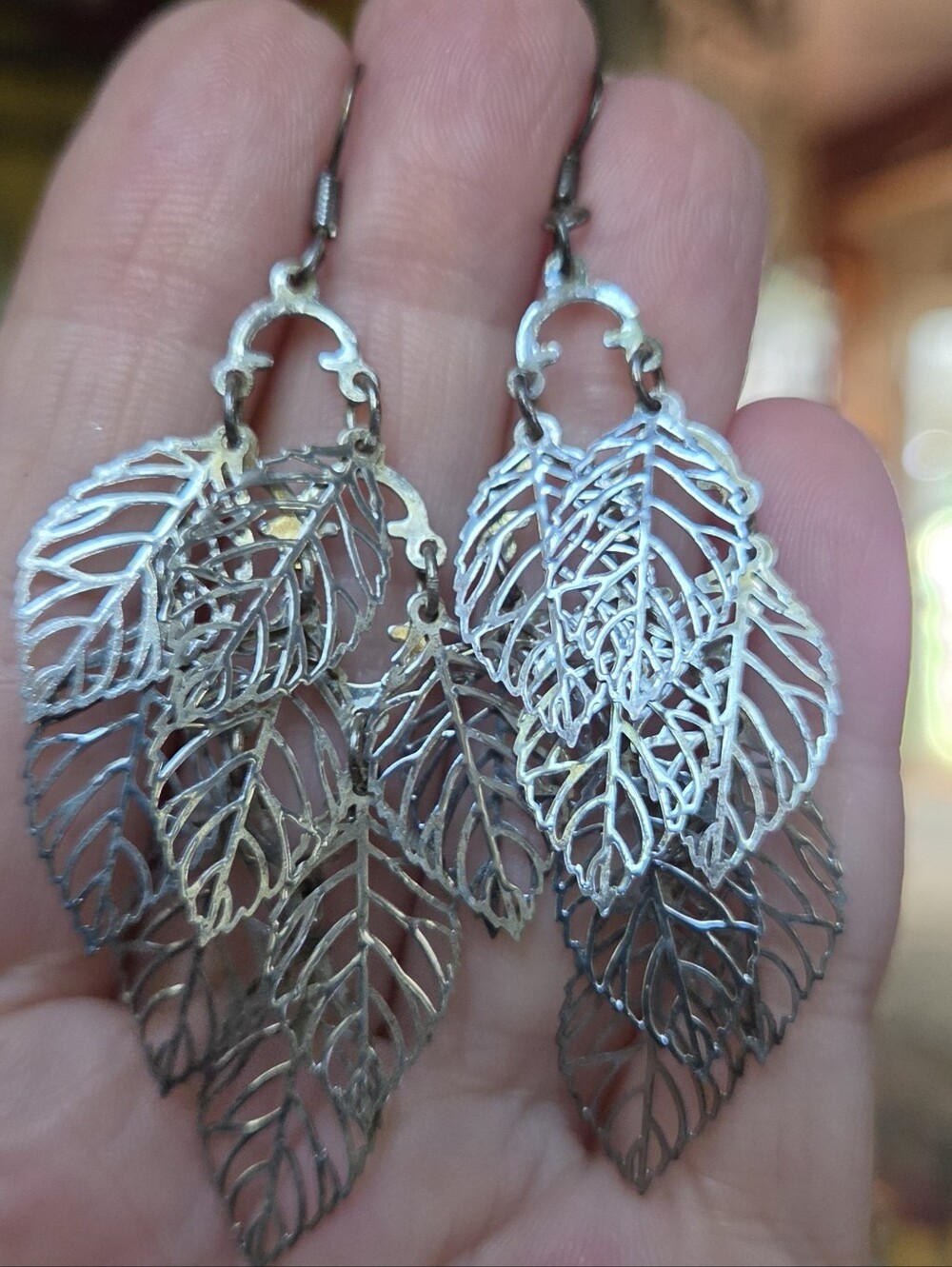 Delicate Silver Leaf Dangle Earrings - Multi Leaf Cascade - Picture 4 of 6